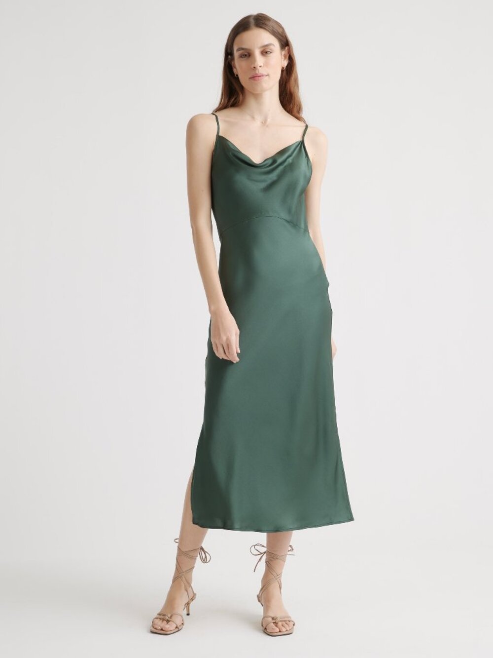 Quince 100% Washable Silk Cowl Neck Slip Dress in Forest Green